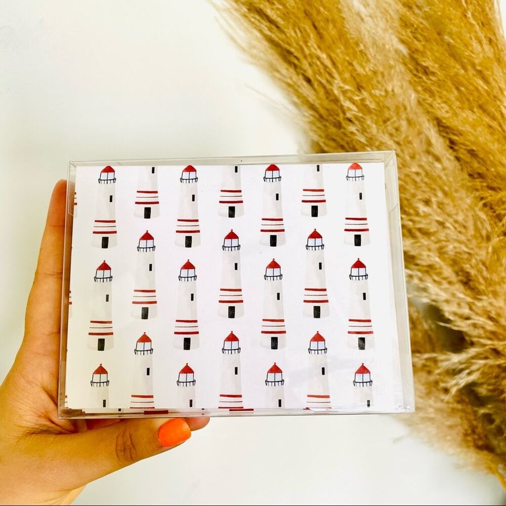 NEW ANTHROPOLOGIE White Red Illustrated Lighthouses Nautical Card Notecards s/10
